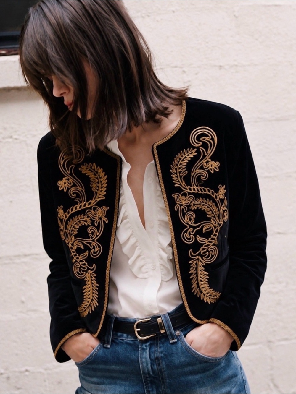 “Mestiza” Embroidered Black Velvet Jacket with Gold Trim
